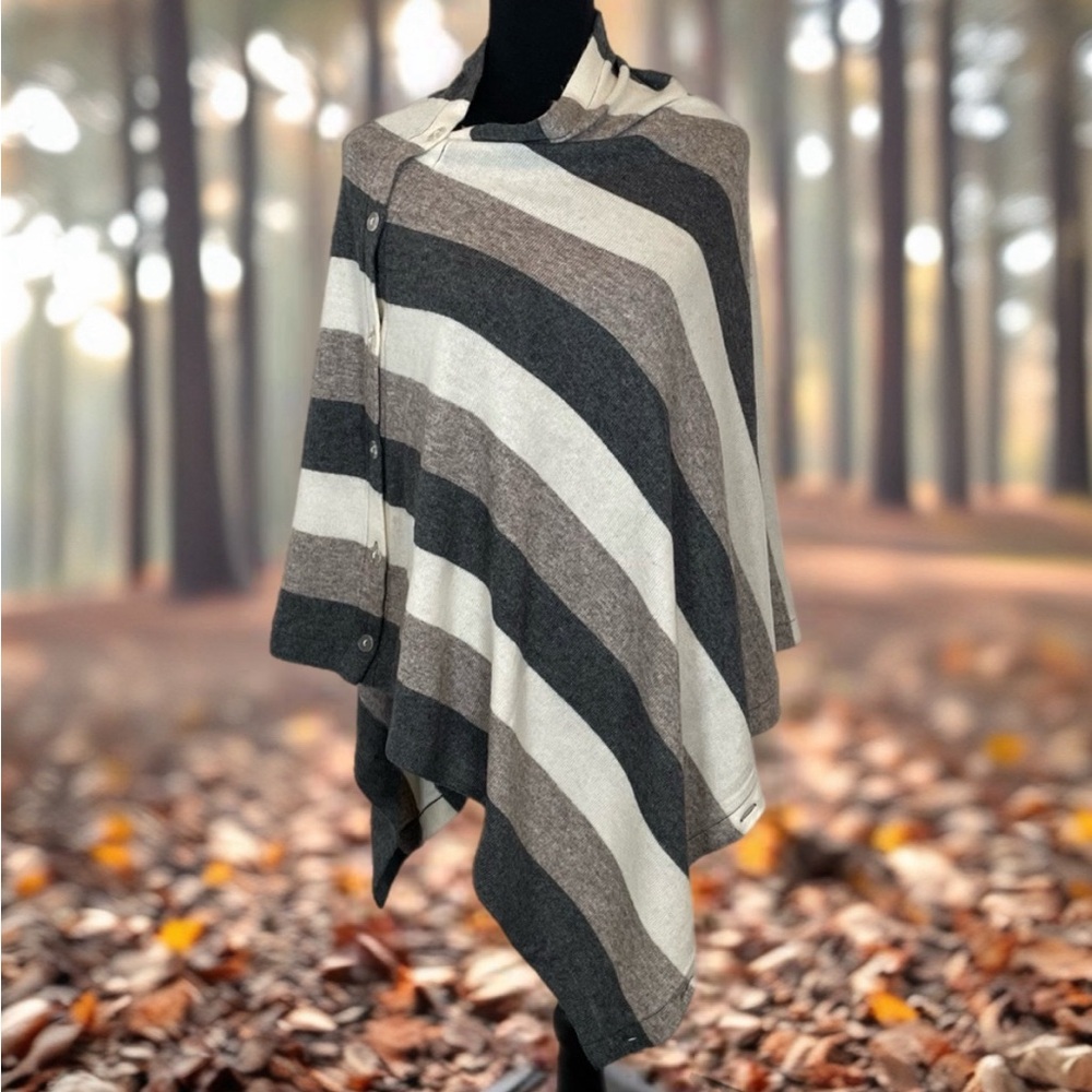 Himalaya Clothing Co. Handmade Cashmere Striped Button Detail Sweater Poncho OS